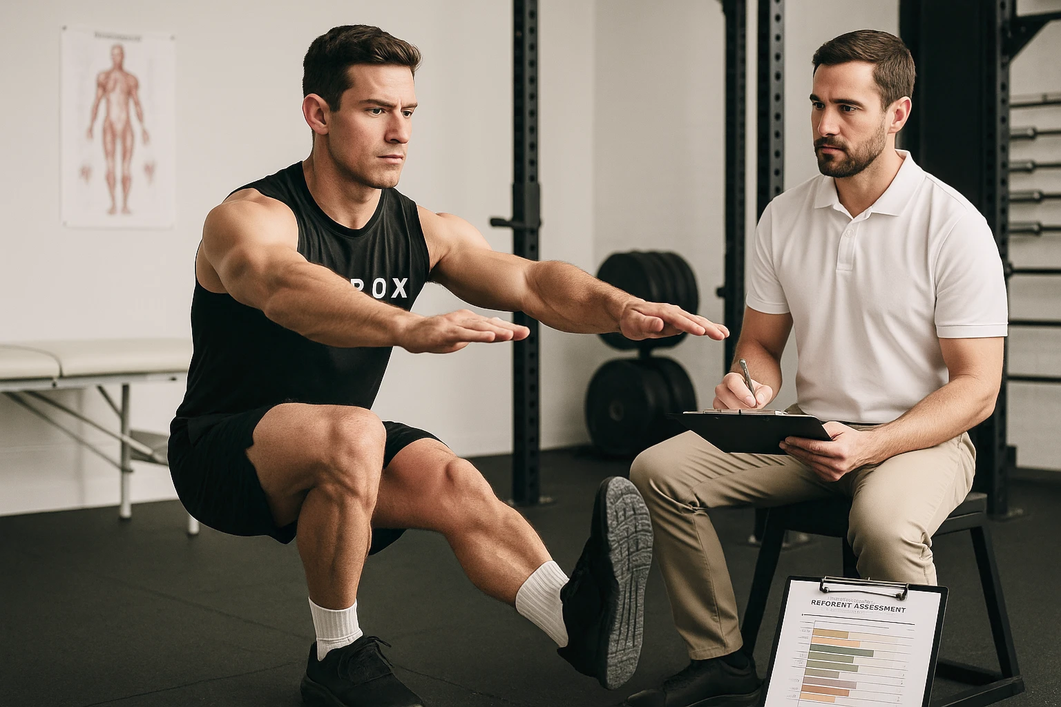 HYROX athlete performing single leg squat assessment next to sports osteopath